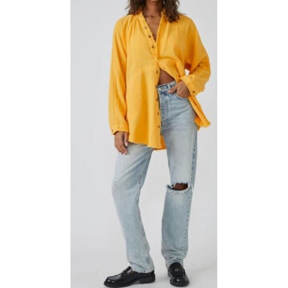 FREE PEOPLE We the Free Summer Daydream Button Down Shirt Yellow Papaya Sz S NEW - Picture 2 of 6